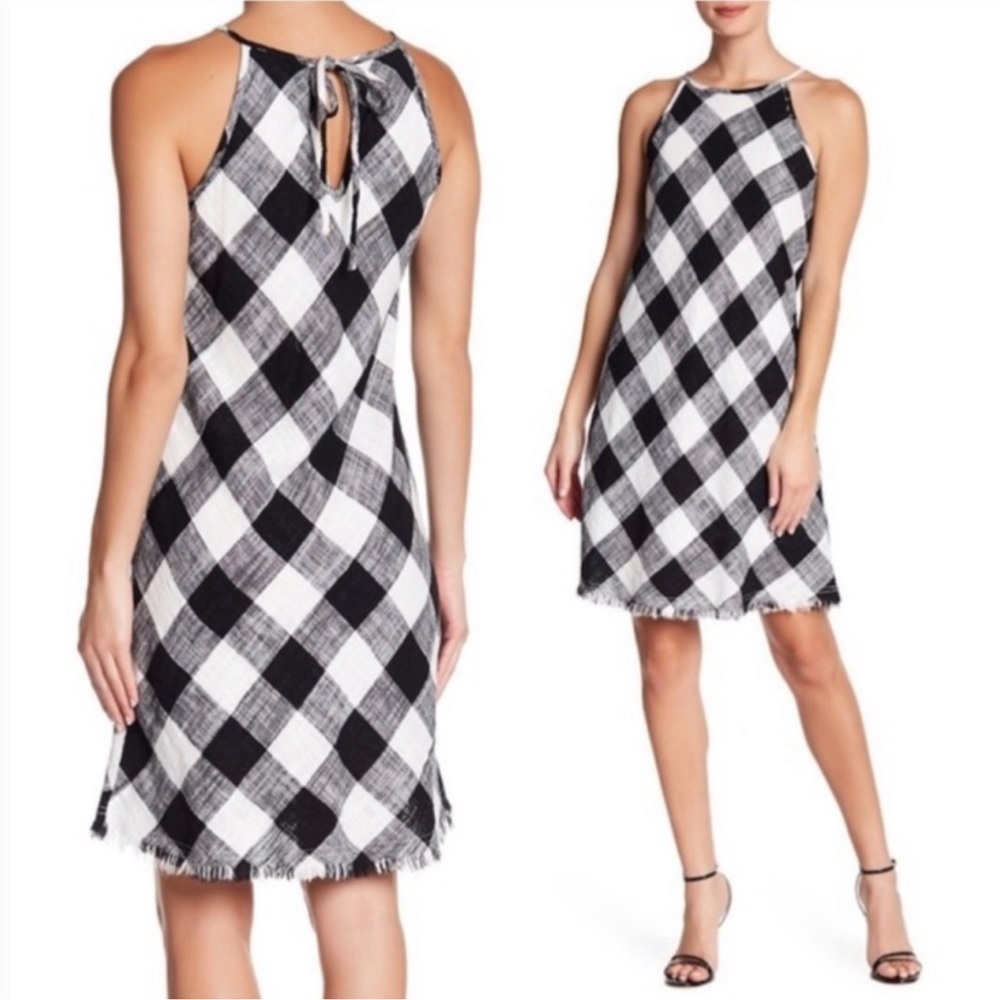 NWT Philosophy Checked Plaid Fringed Shift Dress Sleeveless Black White Sz 10